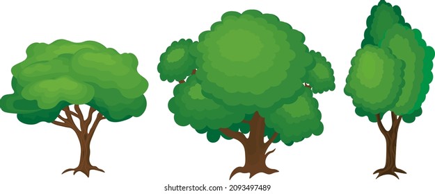 Árboles de dibujos animados aislados en un fondo blanco. Un estilo sencillo y moderno. Plantas verdes, bosque. Se puede usar para ilustrar cualquier tema de la naturaleza o estilo de vida saludable. 