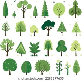 Cartoon trees set isolated on a white background. Simple modern style. Cute green plants, forest, vector flat