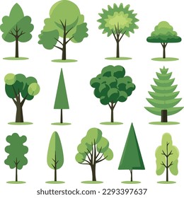 Cartoon trees set isolated on a white background. Simple modern style. Cute green plants, forest, vector flat