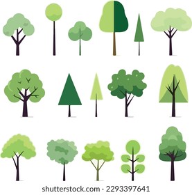 Árboles de dibujos animados aislados en un fondo blanco. Un estilo sencillo y moderno. Plantas verdes, bosques, vectores planos