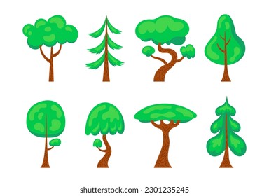 Cartoon trees set isolated on a white background. Simple hand-drawn style. Cute green plants, forest, flat
