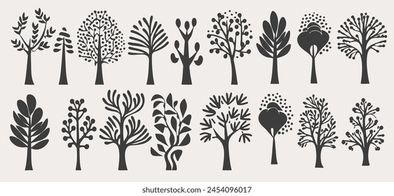 Cartoon trees set isolated on a white background. Simple modern style. Cute tree silhouettes set,