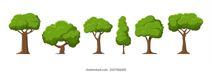 Árboles de la historieta fijados aislados en un fondo blanco. Estilo moderno simple. Lindas plantas verdes, bosque. Se puede utilizar para ilustrar cualquier naturaleza o tema de estilo de vida saludable. Vector plano 10 eps.