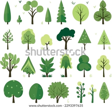 Cartoon trees set isolated on a white background. Simple modern style. Cute green plants, forest, vector flat