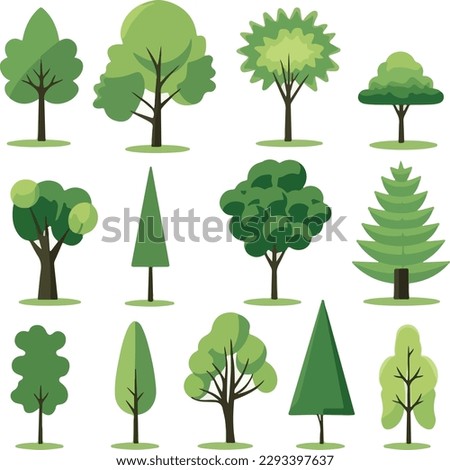 Cartoon trees set isolated on a white background. Simple modern style. Cute green plants, forest, vector flat