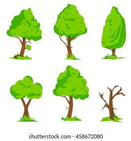 Cartoon trees set. Objects to be used in scenes. Green tree. Forest trees
