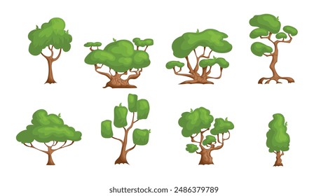 Conjunto de árboles de dibujos animados. Estilo moderno y sencillo. Lindas plantas verdes, bosque,. Ideal para juegos y diseños de niños. Ilustraciones vectoriales.