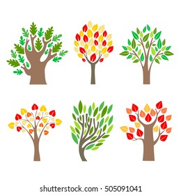 Cartoon Trees Set. Vector illustration of flat summer and autumn various icon, Park or forest wood abstract stylized Including oak, leaves different size and forms.