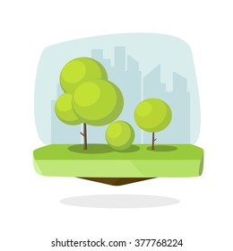 Cartoon trees vector illustration, green trees garden with shadow, blue sky, city scape, yard, flat forest trees landscape, abstract circle geometric bushes, greenery tree isolated on white background