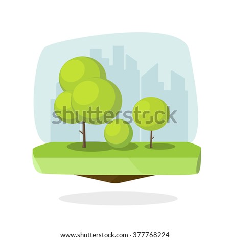 Cartoon trees vector illustration, green trees garden with shadow, blue sky, city scape, yard, flat forest trees landscape, abstract circle geometric bushes, greenery tree isolated on white background