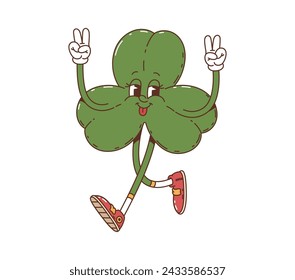 Cartoon trefoil clover leaf groovy character. Isolated vector retro shamrock funky holiday personage with mischievous smile, spreading joy and luck for Irish Patrick day celebration in a fantasy world