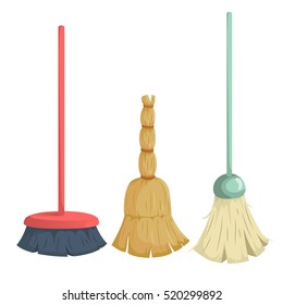 Cartoon trendy broom icons set. Vintage natural and modern plastic brooms. Hygiene and home cleaning vector illustration.