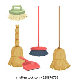 Cartoon trendy cleaning service icons set. Vintage natural and modern plastic brooms, dust pan and clean brush.