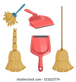 Cartoon trendy cleaning service icons set. Natural broom and different dustpans, feather duster.