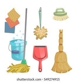 Cartoon trendy cleaning service icons set. Natural broom, red dustpan, mop, dust feather and clothes.