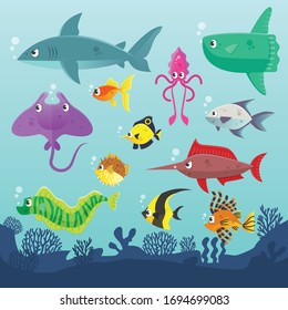 Cartoon trendy colorful ocean animals  set.