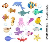 Cartoon trendy colorful reef animals big set. Fishes, mammal, crustaceans.Dolphin and shark, octopus, crab, starfish, jellyfish. Tropic reef coral wildlife.