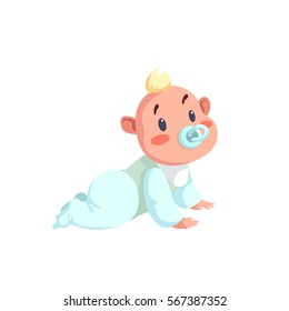 Cartoon trendy design baby character. Vector illustration in simple gradient style. Child with dummy crawl.