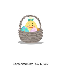 Cartoon trendy design basket with easter colorful and painted eggs and newborn girl chick. Decorative vector illustration icon. Easter simple flat symbol.