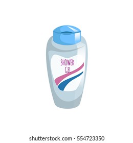 Cartoon trendy design blue container with liquid soap icon. Shower gel. Hygiene and body care vector illustration.