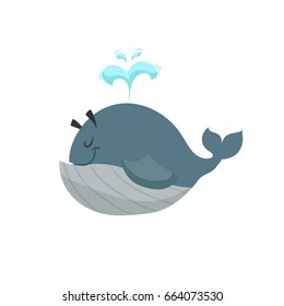 Cartoon trendy design blue whale with fountain mascot. Sea and ocean icon vector illustration. Cheerful and closed eyes animal.