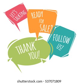 Cartoon trendy design colorful speech bubble set with dummy phrases. Sale and social media modern icons.