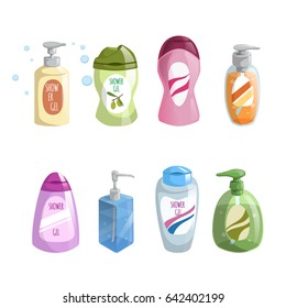 Cartoon trendy design different color bath and cosmetic bottles icons set. Shower gel and liquid soap vector illustrations.