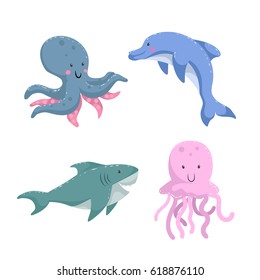 Cartoon trendy design different sea and ocean animals set. Isolated vector illustration. Octopus, dolphin, shark, jellyfish.