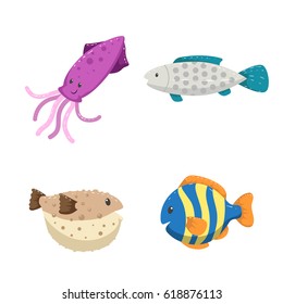 Cartoon trendy design different sea and ocean animals set. Isolated vector illustration. Squid, striped color fish, blowfish and gray dotted fish.