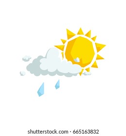 Cartoon trendy design fluffy clouds with light rain and sun  icon. Summer and weather vector symbol.