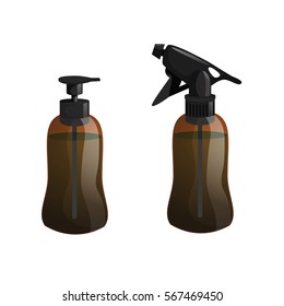 Cartoon trendy design hair styling equipment tool set. Brown figure bottle with spray for hair moistening. Vector barber shop illustration icon collection.