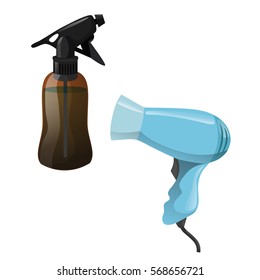 Cartoon trendy design hair styling equipment tool set. Brown figure bottle with spray for hair moistening and electric hairdryer. Vector barber shop illustration icon collection.
