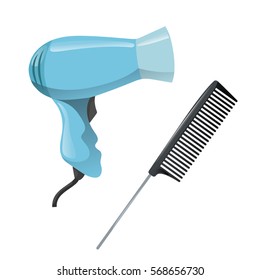 Cartoon trendy design hair styling equipment tool set. Plastic black hair comb with special long metal handle and electric hairdryer. Vector barber shop illustration icon collection.