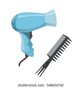 Cartoon trendy design hair styling equipment tool set. Plastic black hair comb with special long teeth and electric hairdryer. Vector barber shop illustration icon collection.