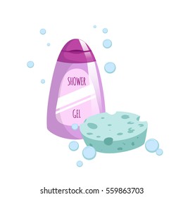 Cartoon trendy design pink container with liquid soap and blue bath sponge icon. Shower gel. Hygiene and body care vector illustration.
