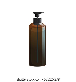 Cartoon trendy design professional hair care container. Tube pump  brown bottle with hair lotion, liquid soap, gel, balsam.