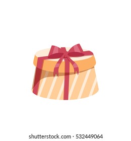 Cartoon trendy design round yellow gift box with red ribbon and bow. Birthday and Christmas vector icon. 