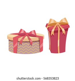 Cartoon trendy design vintage gift box set. Yellow round box with red ribbon and red box. 