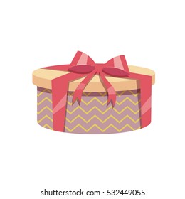 Cartoon trendy design vintage round gift box with red ribbon and bow. Birthday and Christmas vector icon.