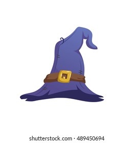 Cartoon trendy design witch hat with belt. Halloween masquerade costume. Vector illustration.