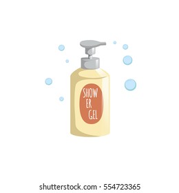Cartoon trendy design yellow bottle with dispenser icon. Shower gel with foam bubbles vector illustration.