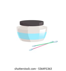 Cartoon trendy flat style container with cosmetic cream, lotion, powder and cotton swabs icon. Vector hygiene sticks. Bath and makeup symbols.