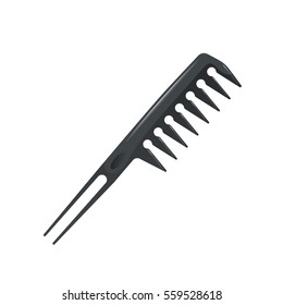 Cartoon trendy plastic black hair comb with special long teeth. Icon isolated on white background. Professional salon accessories vector illustration.