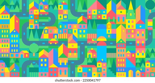 Cartoon Trendy Seamless Abstract Urban Vector Bauhaus Swiss Geometric City Pattern Design Background Template