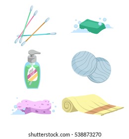 Cartoon trendy simple gradient bath icon set. Cotton sticks, soap, towel, liquid wash, cotton pads and sponge. Health and hygiene vector symbols.