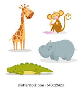 Cartoon trendy style african animals set. Giraffe, sitting monkey with banana, crocodile and hippo. Closed eyes and cheerful mascots. Vector wildlife illustrations.