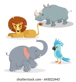 Cartoon trendy style african animals set. Lion, rhino, african elephant and parrot. Closed eyes and cheerful mascots. Vector wildlife illustrations.