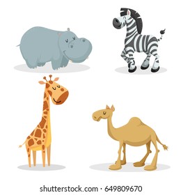 Cartoon trendy style african animals set. Hippo, zebra, giraffe, dromedary camel. Closed eyes and cheerful mascots. Vector wildlife illustrations.