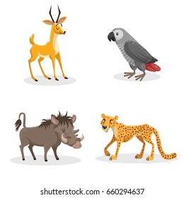 Cartoon trendy style african animals set. Pig warthog, grey parrot, cheetah and antelope gazelle. Closed eyes and cheerful mascots. Vector wildlife illustrations.