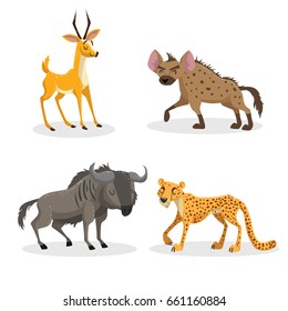 Cartoon trendy style african animals set. Hyena, wildebeest, cheetah and antelope gazelle. Closed eyes and cheerful mascots. Vector wildlife illustrations.